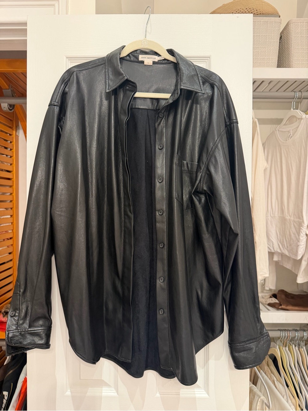 Good American Black Leather Shirt Jacket - Classic Overshirt